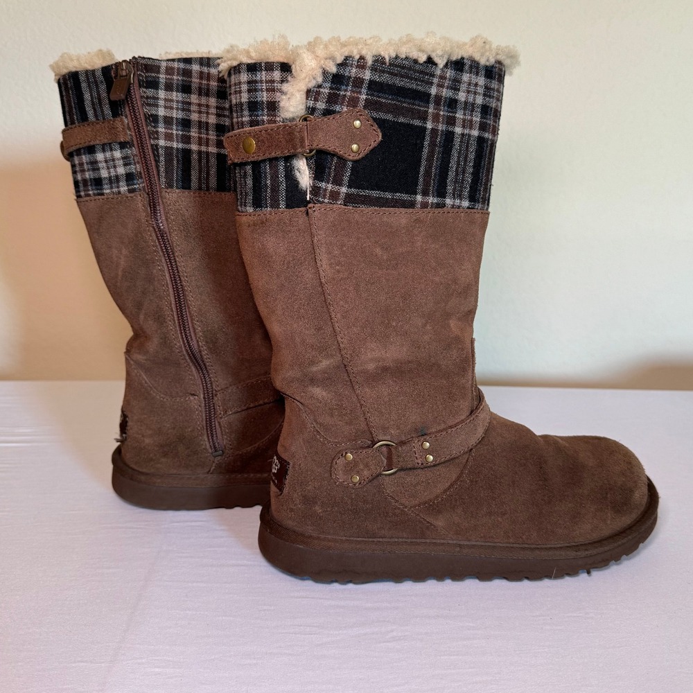UGG Australia Lynnea II Brown Suede Plaid Sheepskin Tall Boots 3280 Women Size 6